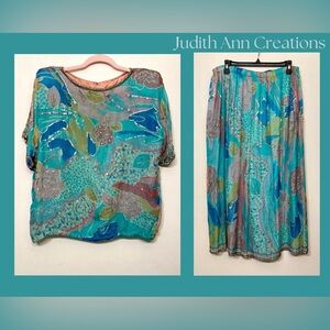 Judith Ann Creations Inc Vintage 2 Piece Silk Sequin Embellished Skirt Set Large